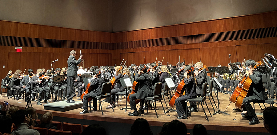 A photo of the Philharmonic Orchestra performing on stage.